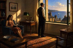 Quiet Coastal Apartment Scene — Elegant Literary Realism Wall Art