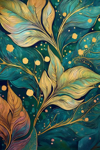 Behang met structuur en bladeren in groen en goud