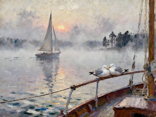 Two seagulls in the morning mist