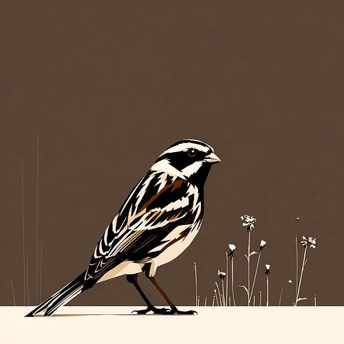Brown Silence | Sparrow with Wildflowers on Earth tone