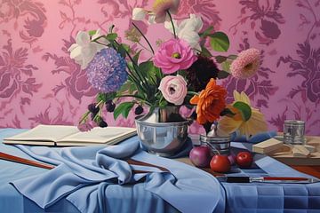 Bloemen op Blauw Laken | Abstracte stilleven van Blikvanger Schilderijen