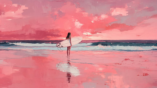 Female surfer, pink, abstract panorama