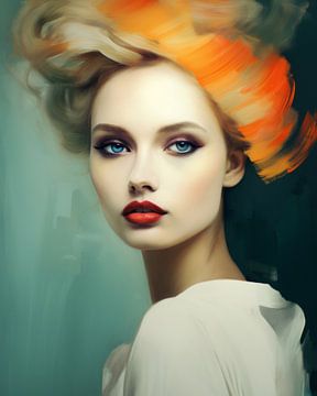 Close-up portrait of a young woman with orange accent by Carla Van Iersel