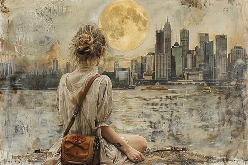 Olieverf schilderij van een jonge vrouw die geniet van de grote volle maan - 