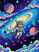 Ein liebenswerter Pixel-Katzen-Astronaut schwebt durch eine lebendige, sterngefüllte kosmische Galaxie.