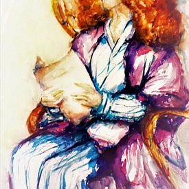Portrait of a woman reading. Watercolour hand-painted. by Ineke de Rijk