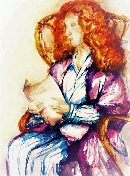 Portrait of a woman reading. Watercolour hand-painted. by Ineke de Rijk