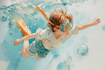 Jongen met snorkel – aquarel schilderij onder water avontuur van Peter Pen tekeningen en schilderijen