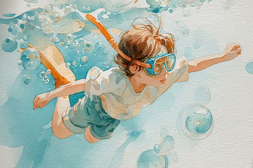 Boy with snorkel - watercolour painting underwater adventure