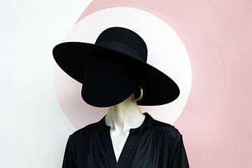 Portret zonder gezicht met hoed in zwart wit en roze van Digitale Schilderijen