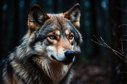 Indrukwekkende wolf in donker bos