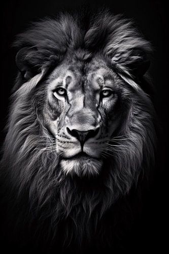 Lion noir et blanc au regard puissant