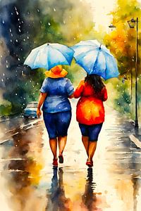 2 dames sociables marchant sous la pluie sur De gezellige Dames
