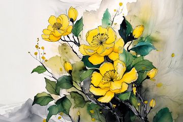 Geel bloemen boeket aquarel van Preet Lambon