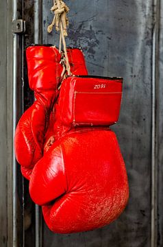 Red leather boxing gloves on metal background