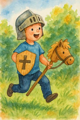 Ridder te paard (AI) (klein kind, buiten spelen, stokpaard, aquarel schilderij, peuter, verkleedkleren, kinderkamer, babykamer, kinderkunst, poster)