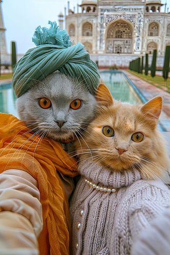 Monumentaal gemiauw: Elegant kattenpaar voor de Taj Mahal