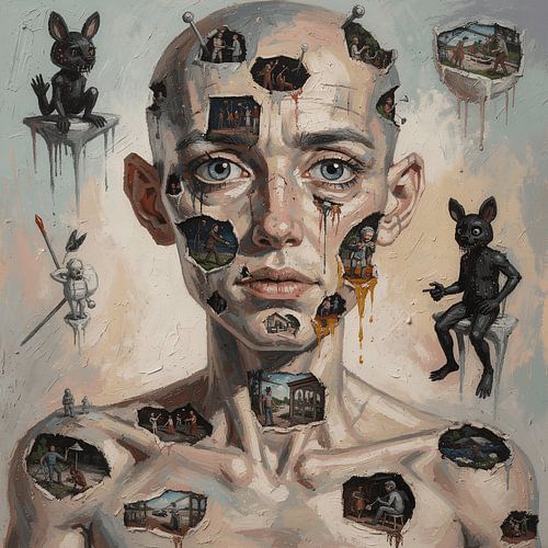 Surrealistisch menselijk gezicht met holle portalen – Neo-expressionistisch olieverfportret van psychologische vervorming