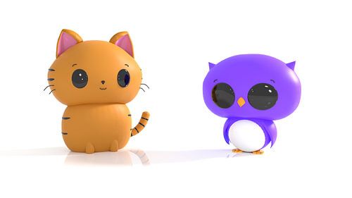 Kat en uil in Kawaii stijl