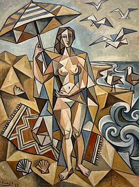 Baigneuse cubiste avec un parasol rayé