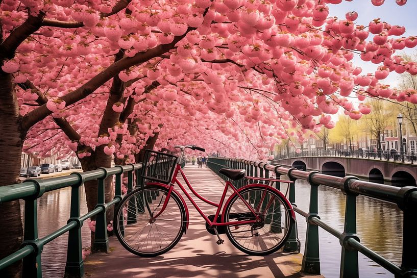 Nederland, met bloemen en fietsen op de brug in de lente van Animaflora PicsStock