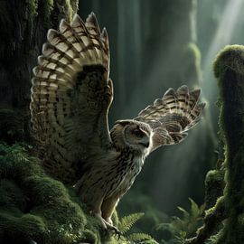 Vol dans la forêt – Des chouettes mystiques dans la lumière sur Erika Kaisersot