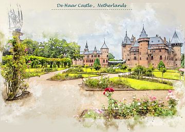 Château de De Haar aux Pays-Bas en style croquis sur Ariadna de Raadt-Goldberg
