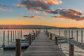 Wooden jetty in Allensbach on Lake Constance at sunset – the golden hour