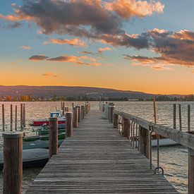 Wooden jetty in Allensbach on Lake Constance at sunset – the golden hour by Conny Pokorny