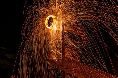 Sparks rain on stairs
