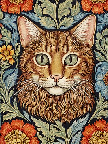 Cat With Flowers Style William Morris