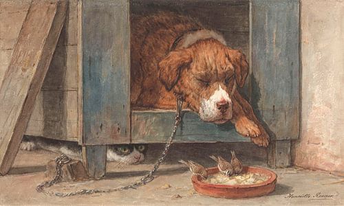 Cat spying on birds with a sleeping dog, Henriette Ronner-Knip