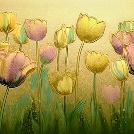 Stimmungsvolle Malerei mit Tulpen in der Bordüre. Serie: Botanisches Gold von Studio Pieternel