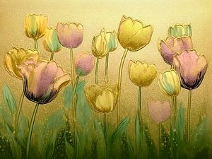 Stimmungsvolle Malerei mit Tulpen in der Bordüre. Serie: Botanisches Gold