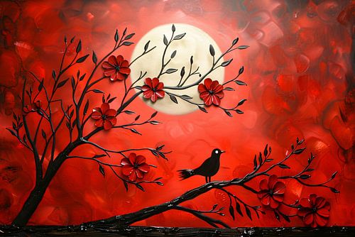 Abstracte vogel en bloemen op rode achtergrond