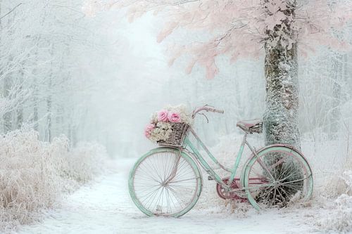 Winter, landschap, oude fiets, sneeuw, pastel 