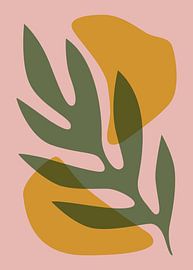 Minimalist abstract botanical illustration featuring organic leaf shapes over warm yellow and pink tones.