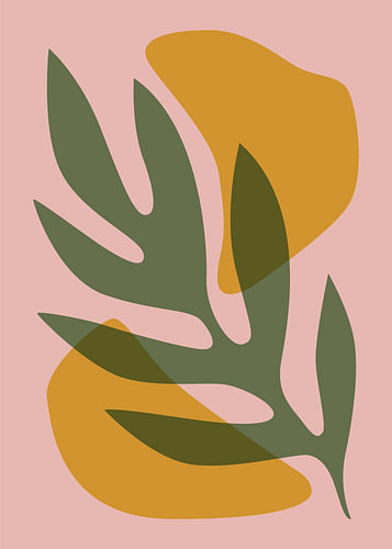 Minimalistische, abstrakte botanische Illustration mit organischen Blattformen vor einem Hintergrund aus warmen Gelb- und Rosatönen.