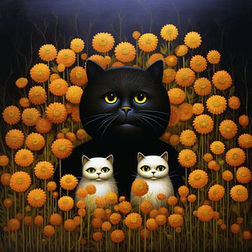 Magisch moment onder de sterrenhemel: zwarte kat en witte kittens in een bloemenveld