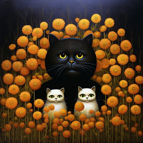 Magical Moment Under the Night Sky: Black Cat and White Kittens in a Flower Field by Vincent Monozlay