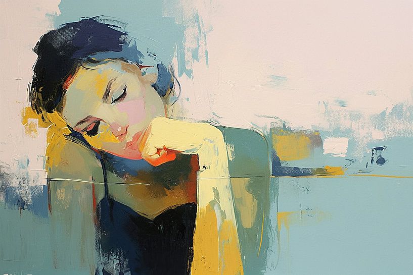 Portrait de femme | Portrait abstrait de femme avec des tons bleus par Peintures accrocheuses