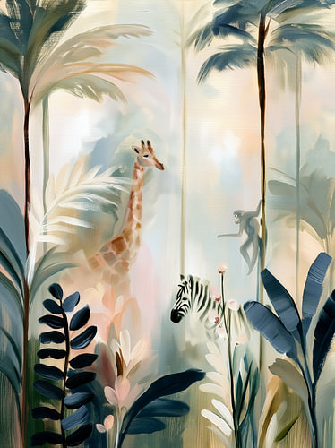 Jungle animals amongst tropical leaves
