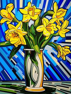 Stillleben Narzissen Strauss Vase Streifen Pop Art modern