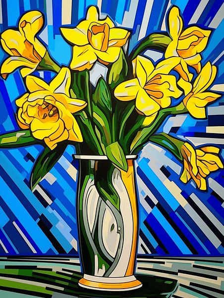 Still life Narcissus Bouquet Vase Stripes Pop Art modern by gm_designs