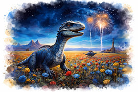 Dinosaur in a field of flowers