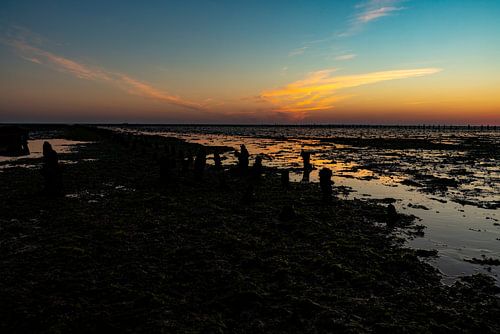 Waddenzee, zonsopkomst bij Paesens Moddergat (Scheepswrak van Wierum)