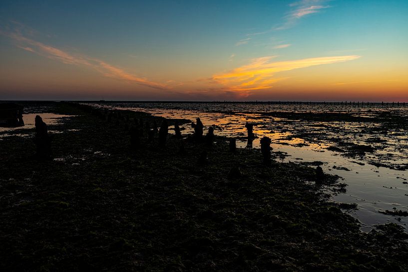 Waddenzee, zonsopkomst bij Paesens Moddergat (Scheepswrak van Wierum) van Gert Hilbink