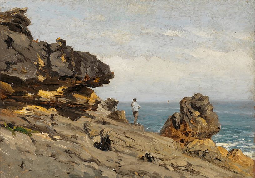 Carlos de Haes-Pêche sur le récif au bord de la mer, Paysage antique par finemasterpiece