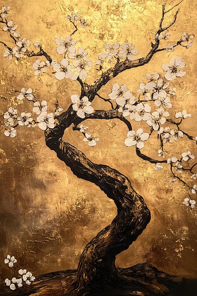 Boom met gouden bloesem schilderij van Art & Soul Creations