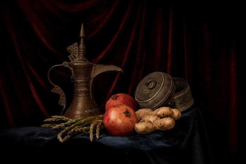 Still life of pomegranate apple and arabic tea jug by MICHEL WETTSTEIN